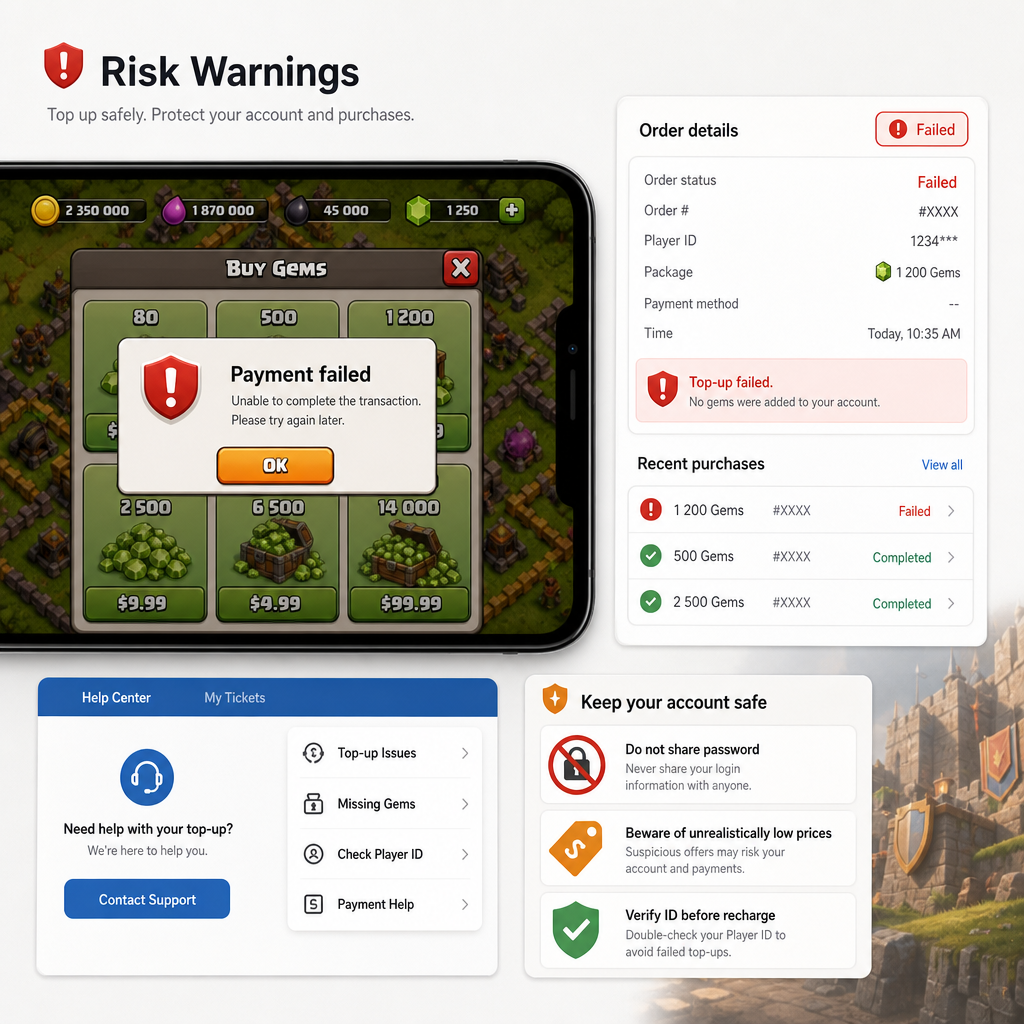 Clash of Clans account security warning for gem recharge Clash of Clans account security warning for gem recharge