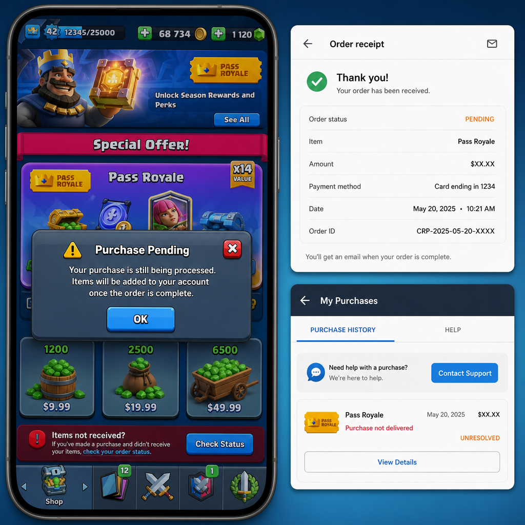 Clash Royale Gems or Pass Royale Not Received After Payment