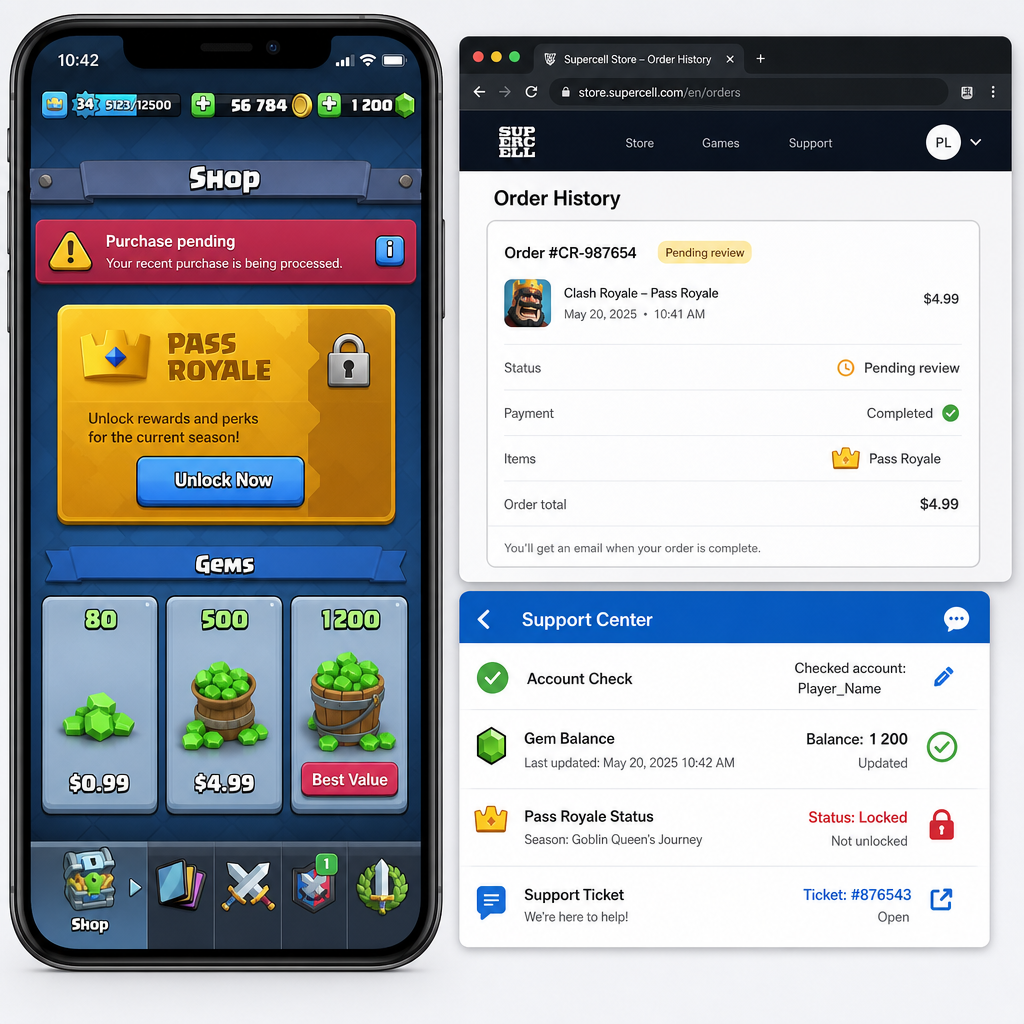 Clash Royale profile and balance check for missing purchase Clash Royale profile and balance check for missing purchase