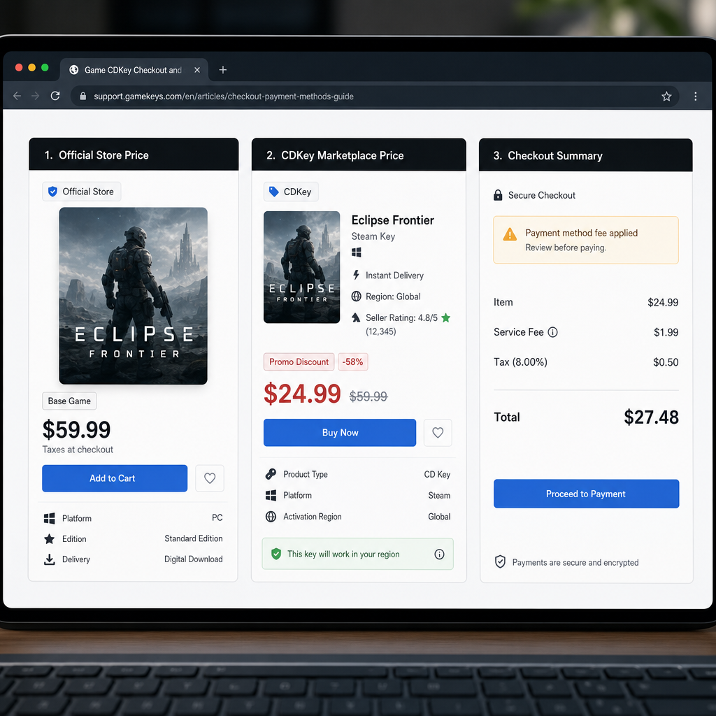 Comparison of digital game key price, store price, and checkout fees Comparison of digital game key price, store price, and checkout fees