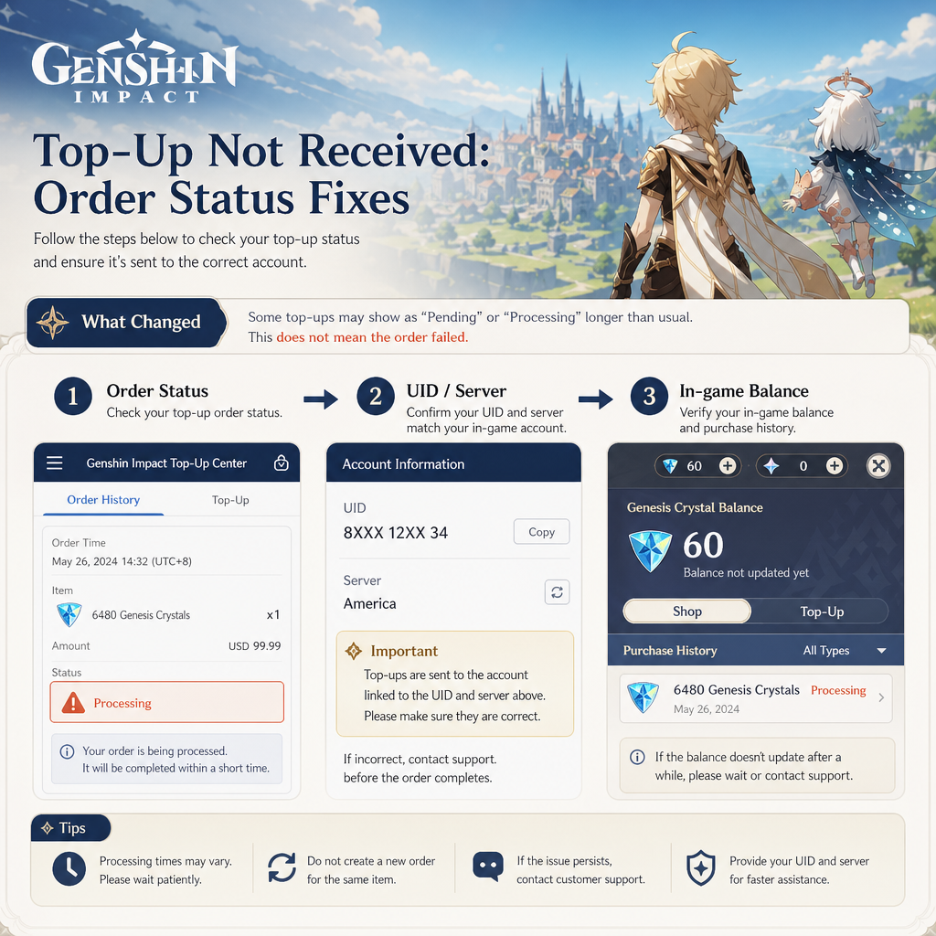 Genshin Impact account UID and server details used for top-up troubleshooting Genshin Impact account UID and server details used for top-up troubleshooting