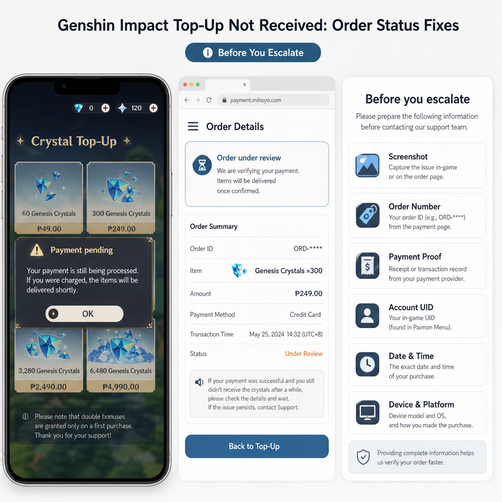 Support ticket evidence for a delayed Genshin Impact top-up order Support ticket evidence for a delayed Genshin Impact top-up order