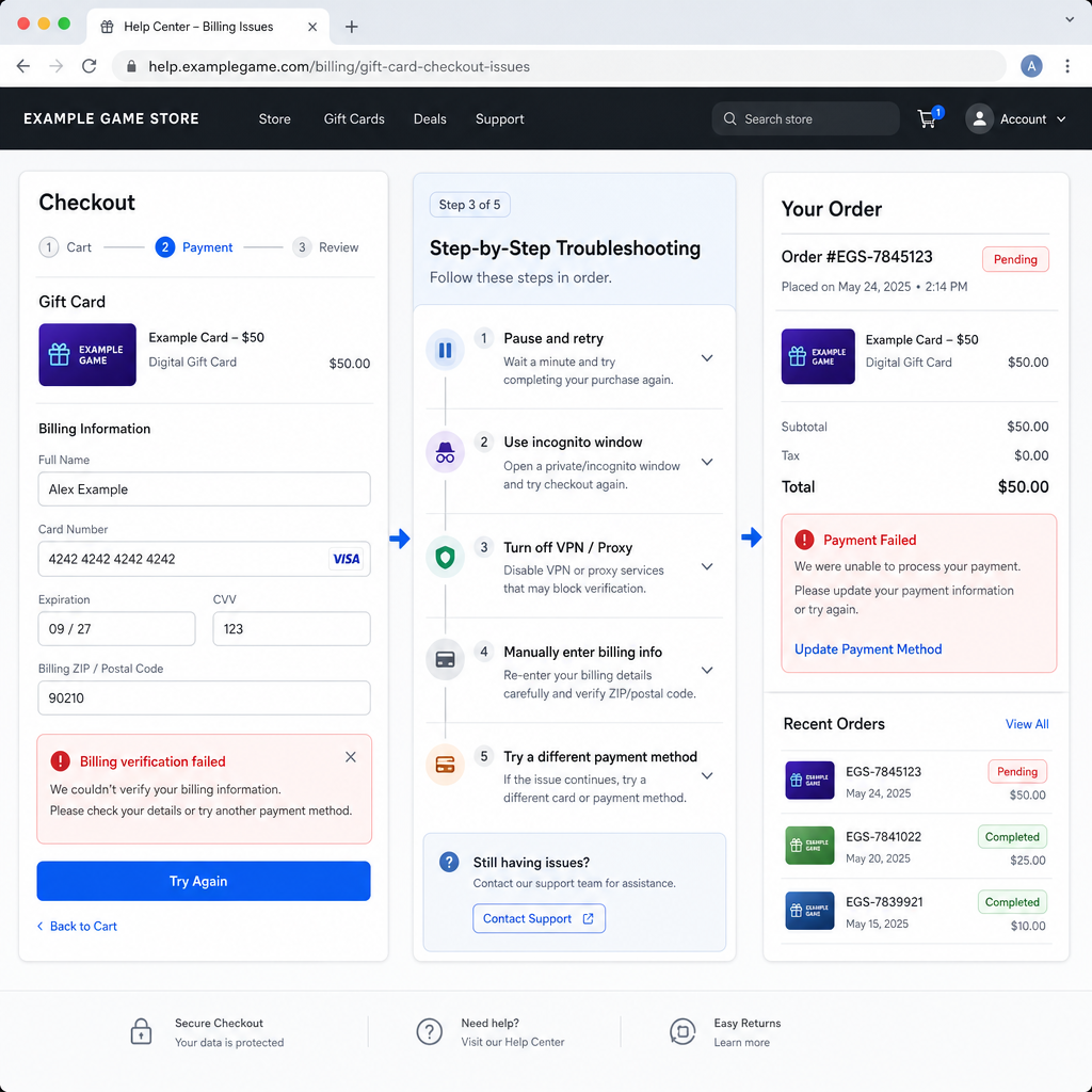 Step-by-step troubleshooting for gift card checkout and payment issues Step-by-step troubleshooting for gift card checkout and payment issues