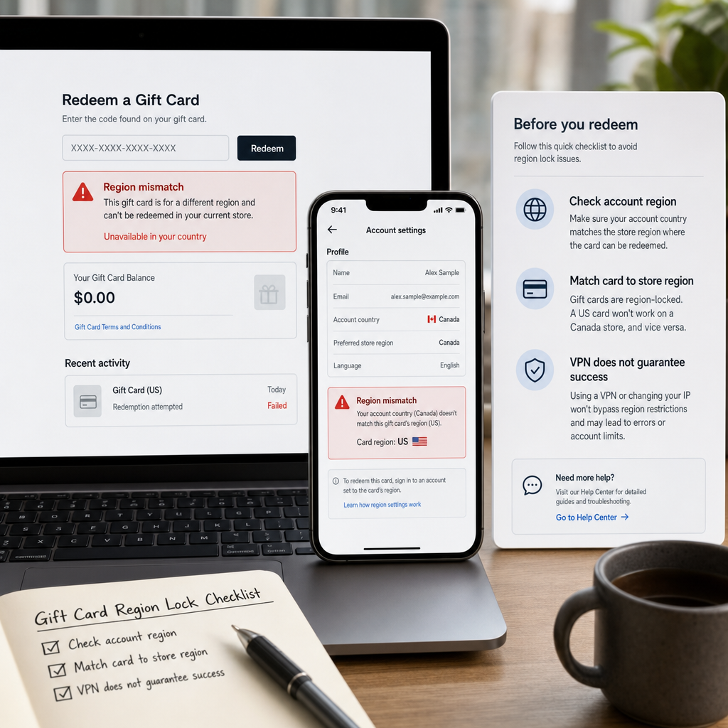 Warning signs for gift card country restrictions and account mismatch Warning signs for gift card country restrictions and account mismatch