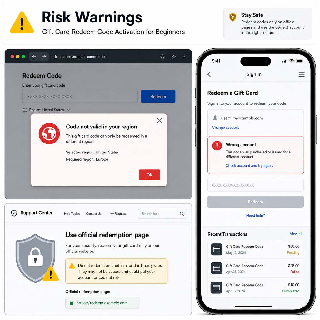 Warning screen for gift card region mismatch and invalid code Warning screen for gift card region mismatch and invalid code