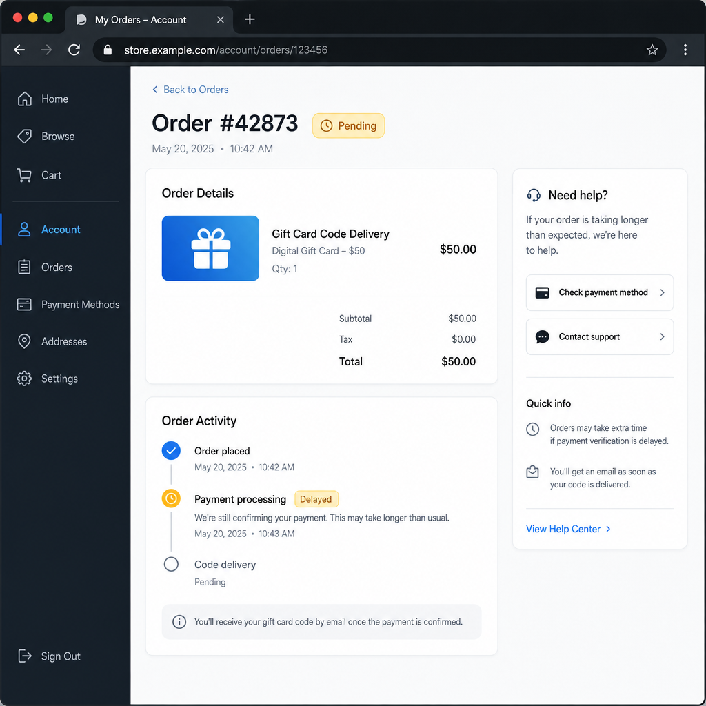 Gift Card Code Delivery Delays and Pending Order Status