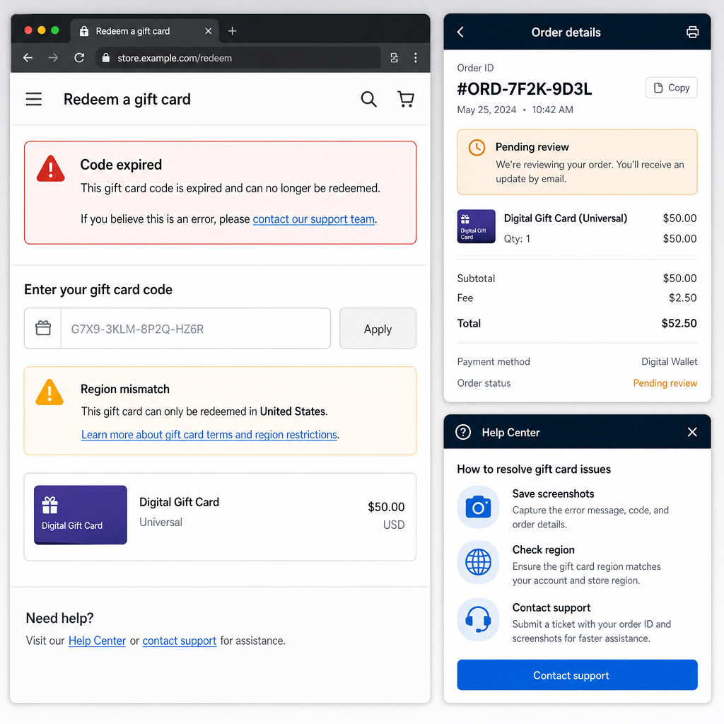 Redeem code error message and order status warning Redeem code error message and order status warning