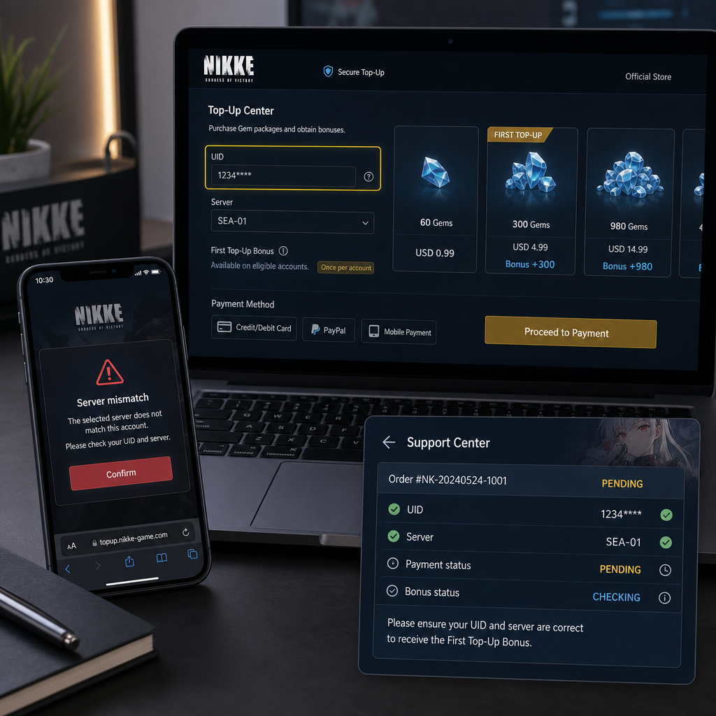 NIKKE First Top Up Bonus: UID, Server, and Payment Rules