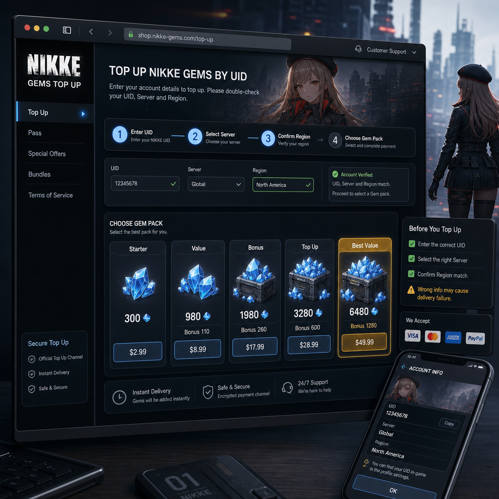 NIKKE Gems Top Up by UID: Server and Region Check Guide