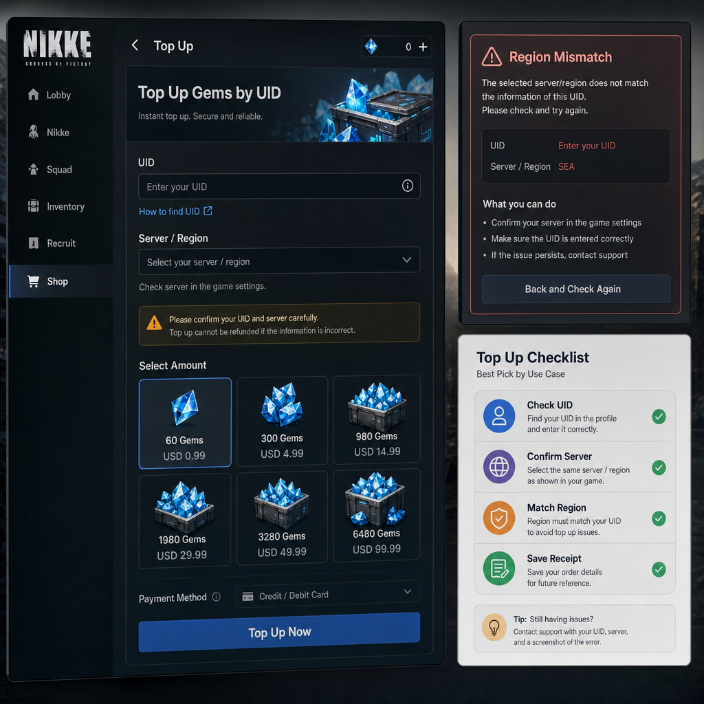 Checklist for choosing a NIKKE gems recharge by UID Checklist for choosing a NIKKE gems recharge by UID
