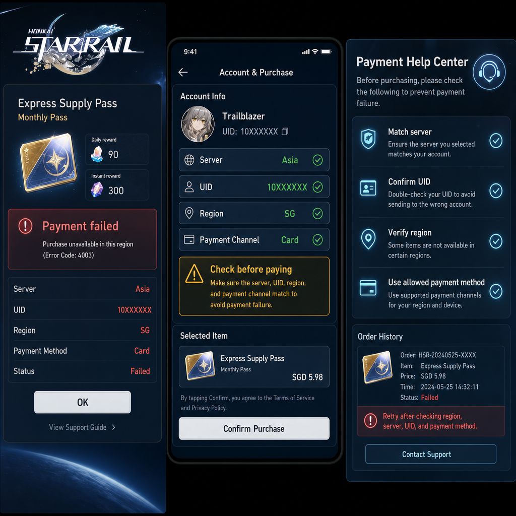 Honkai: Star Rail server and payment selection screen Honkai: Star Rail server and payment selection screen