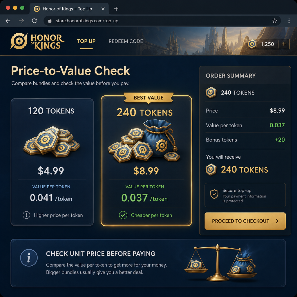 Comparison of mobile game token packages and checkout value Comparison of mobile game token packages and checkout value