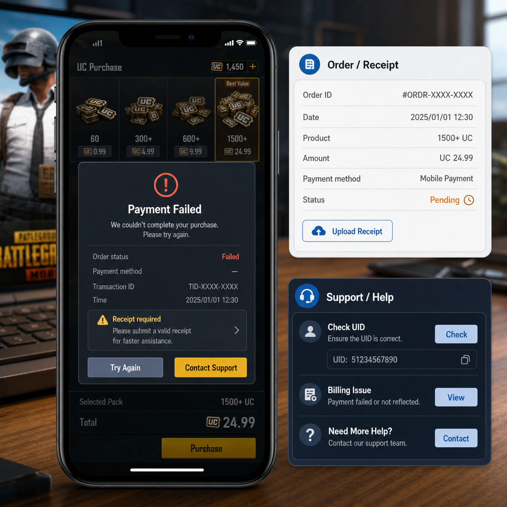 PUBG MOBILE UC Payment Failed: Receipt and UID Fix Guide
