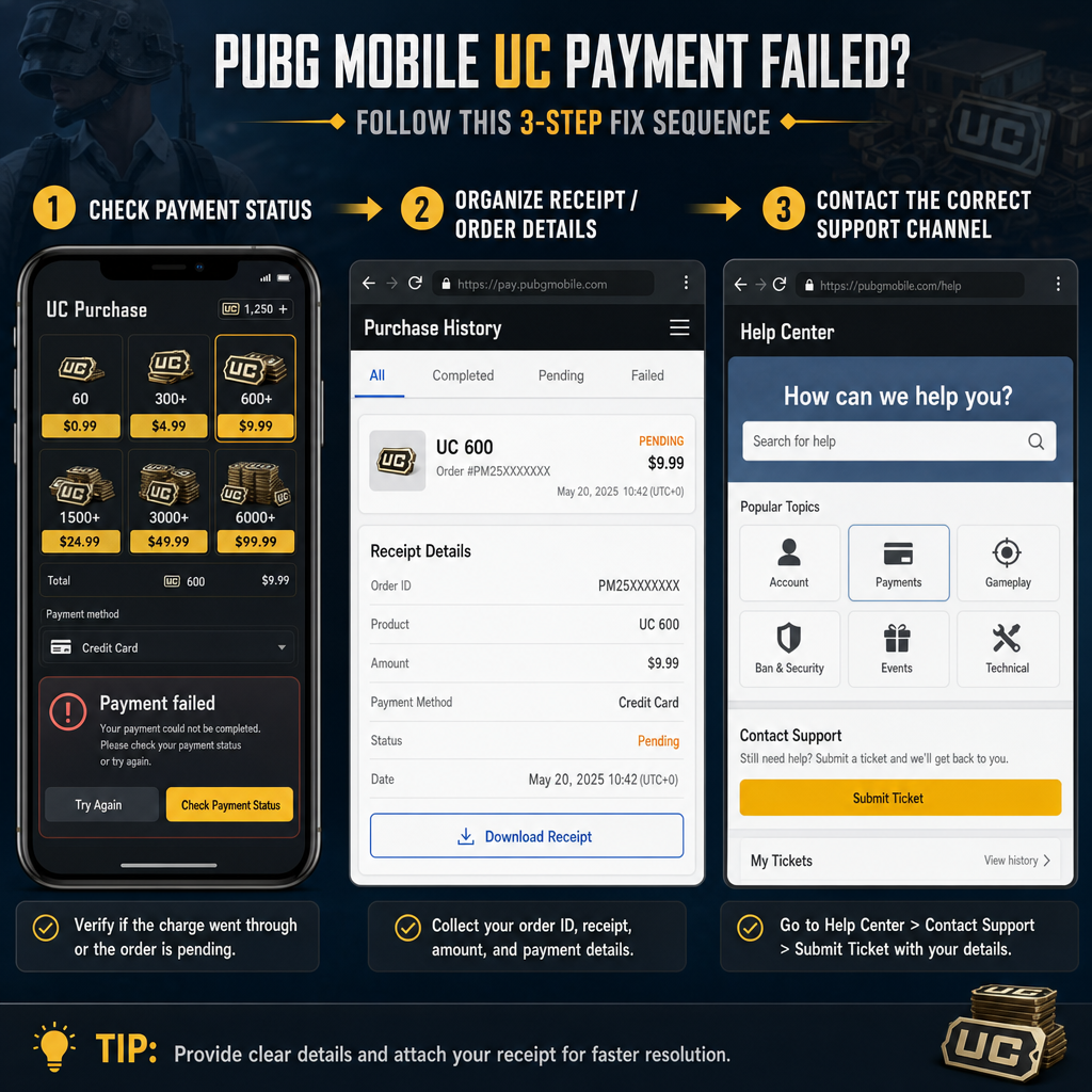 Payment troubleshooting flow for PUBG MOBILE UC recharge Payment troubleshooting flow for PUBG MOBILE UC recharge