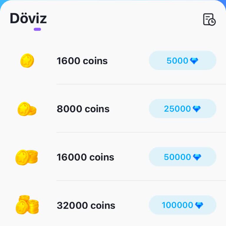Package comparison for coins and diamonds showing different top-up values Package comparison for coins and diamonds showing different top-up values
