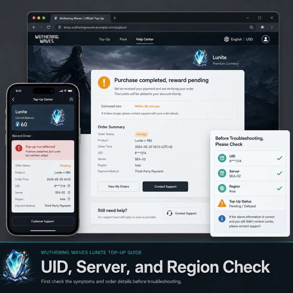 Wuthering Waves Lunite Top-Up: UID, Server, and Region Check