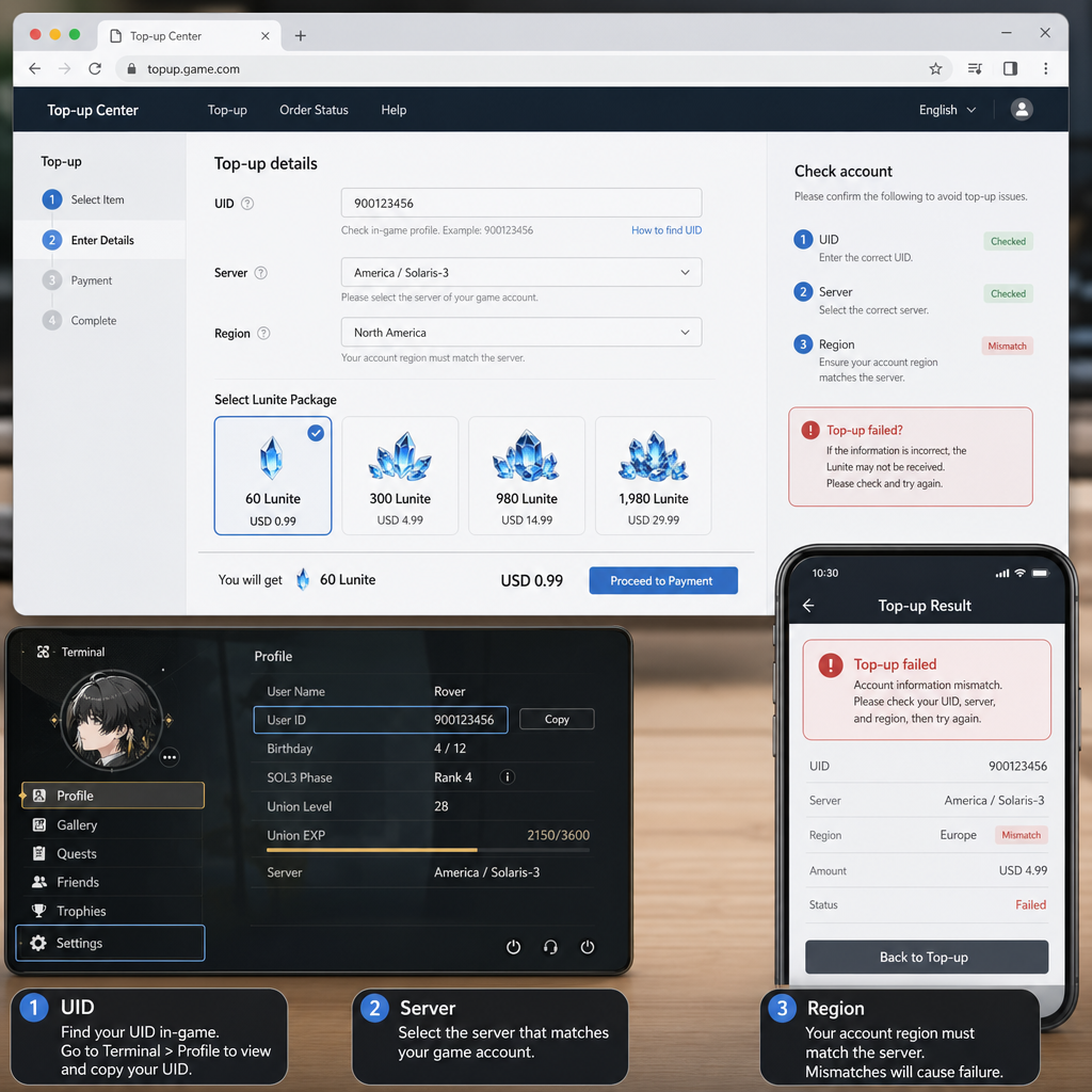 Wuthering Waves UID and server selection check before top up